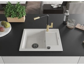 Mexen Enzo, 1-komorový granitový drez 576x465x174 mm a drezová batéria Flora, biela, 6506-20-670401-57-B