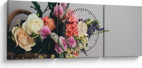 Obraz košíka s kvetinami (s hodinami) (90x30 cm)