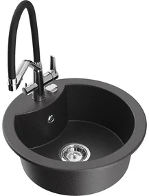 Mexen Diego, 1-komorový granitový drez 488x488x167 mm a drezová batéria Duo, čierna škvrnitá, 6512-76-671701-07