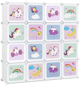 Skladacia skrinka, Policový systém so 16 priehradkami pre deti, motív unikorn