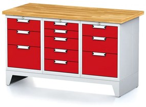 Alfa 3 Dielenský stôl MECHANIC I, 1x 5 zásuvkový box a 2x 3 zásuvkový box na náradie, 11 zásuviek, 1500x685x880 mm, červené dvere