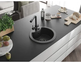 Mexen Diego, 1-komorový granitový drez 488x488x167 mm, čierna batéria Duero, čierna škvrnitá, 6512-76-671600-70-B