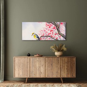 Obraz - Vtáčik na strome s červenými kvetmi (120x50 cm)