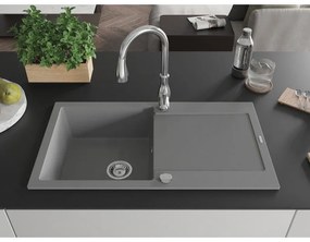 Mexen Leo, 1-komorový granitový drez 900x500x190 mm a drezová batéria Savita, šedá, 6501-71-672601-00