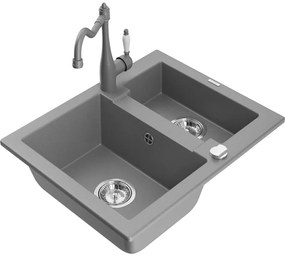 Mexen Carlos, granitový drez 582x475x177 mm, 1,5-komorový a drezová batéria Carla, šedá, 6518-71-670700-71