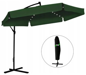 Zelený záhradný slnečník so stojanom a LED osvetlením