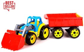 LEAN TOYS Modrý traktor s červenou vlečkou + lyžica