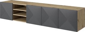 Závesná TV skrinka Asha 200 cm s ryhovaným čelom a výklenkom - dub artisan / rivier stone mat