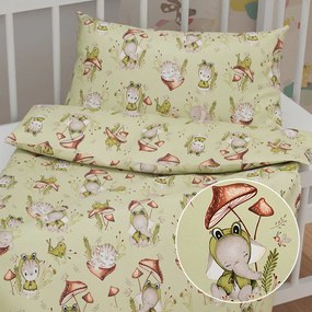 Biante Detské bavlnené posteľné obliečky do postieľky Sandra SA-474 Žabky a zvieratká medzi hubami na zelenom Do postieľky 90x120 a 40x60 cm