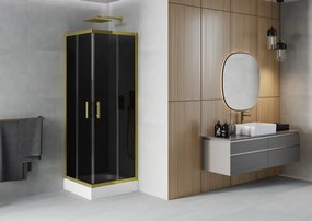 Mexen Rio, štvorcový sprchovací kút s posuvnými dverami 80(dvere) x 80(dvere) x 190 cm, 6mm šedé sklo, zlatý profil + biela sprchová vanička RIO, 860-080-080-50-40-4510