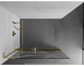 Mexen Kioto+ L, sprchová zástena Walk-In s poličkou a vešiakom 90 x 200 cm, 8mm číre sklo biely vzor, zlatý lesklý profil,800-090-123-50-97