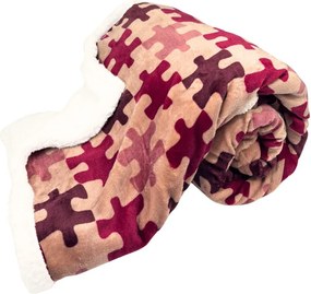 Home Elements Mikroflanelová deka s baránkom, vzor Puzzle, červená a hnedá