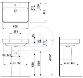 LAUFEN Pro S Umývadlo, 600 mm x 465 mm, 3 otvory na batériu, biela H8109630001081