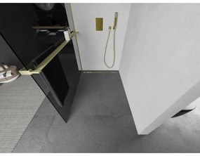 Mexen Kioto+, sprchová zástena Walk-In s poličkou a vešiakom 130 x 200 cm, 8mm šedé sklo, zlatý matný profil, 800-130-121-55-40