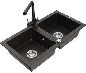Mexen Mario, 2-komorový granitový drez 820x436x161 mm a čierna drezová batéria Duero, čierna-zlatá metalíza, 6504-75-671600-70