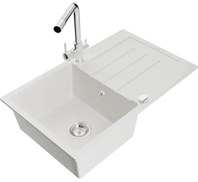 Mexen Bruno, 1-komorový granitový drez s odkvapkávačom 795x495x200 mm a chrómová batéria Duero, biela, 6513-20-671600-00