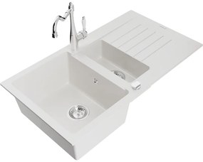 Mexen Matias, granitový drez 900x505x200 mm, 1,5-komorový a drezová batéria Carla, biela, 6502-20-670700-00