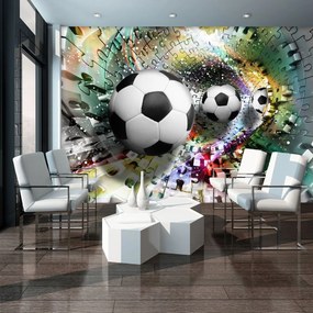 Fototapeta - Futbalové lopty v 3D puzzle tuneli (152,5x104 cm)