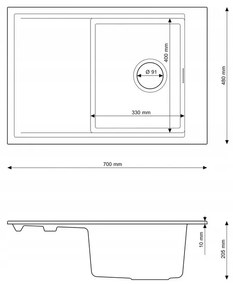 Gamma Design 7050, 1-komorový granitový drez 700x480x205 mm, čierna škvrnitá, GMA-ZLE000125