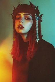 Fotografia Redhead gothic model in black dress in studio., iiievgeniy, (26.7 x 40 cm)