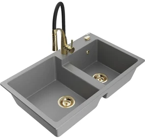 Mexen Tomas, 2-komorový granitový drez 800x500x190 mm a drezová batéria Aster, šedá, 6516-71-73450-57-G