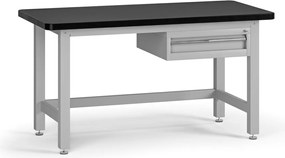 Pracovný stôl do dielne G4 so závesným boxom na náradie, 1 zásuvka, MDF + PVC doska, 1500 x 750 x 800 mm, sivá
