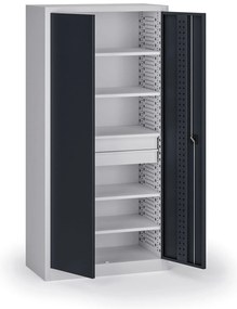 Policová dielenská skriňa 2-dverová, 5 políc + 2 zásuvky, 1950 × 950 × 500 mm, grafitové dvere