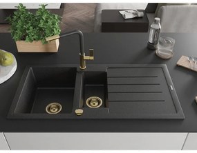 Mexen Andres, 1,5-komorový granitový drez 1000x500x200 mm a drezová batéria Flora, čierna-strieborná metalíza, 6515-73-670401-57-G