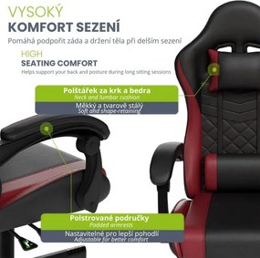 Ergonomická herná stolička, čierna/červená, vankúšiky,