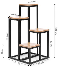 Stojan na kvety, polica na kvety, dekorácie, 4 police, kovová MDF, svetlý orech ModernHome