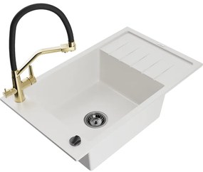 Mexen Elias, 1-komorový granitový drez 795x480x200 mm a drezová batéria Duo, biela, 6511-20-671701-57-B