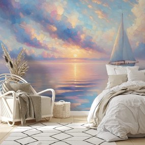 Tapeta plachetnica na pokojnom mori pri západe slnka