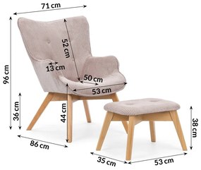 Svetloružové menčestrové kreslo s podnožkou Niko – Ropez