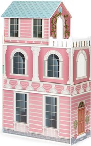 Veľký drevený domček pre bábiky ECOTOYS – 3 poschodia, 9 dielikov nábytku (pre Barbie)