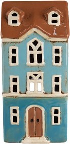 Modrý keramický svietnik na čajovú sviečku domček Amster Village - 11*9*22 cm