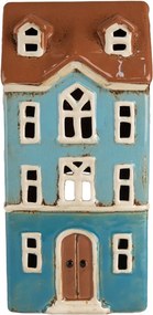 Modrý keramický svietnik na čajovú sviečku domček Amster Village - 11*9*22 cm