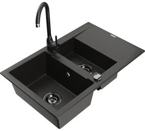 Mexen Gaspar, granitový drez 737x475x177 mm, 1,5-komorový a čierna batéria Telma, čierna-zlatá metalíza, 6507-75-670200-70-B