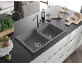 Mexen Tomas, 2-komorový granitový drez 800x500x190 mm a drezová batéria Flora, šedá, 6516-71-670401-06