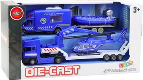 LEAN Toys Súprava: Policajné auto, záchranné vozidlo, loď, nákladné auto, vrtuľník – modrá
