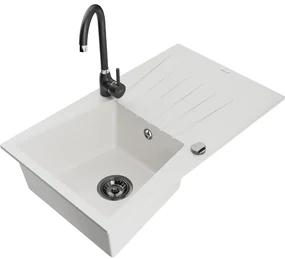 Mexen Cesar, granitový drez 775x470x190 mm, 1-komorový, biela s čiernym sifónom a čierna drezová batéria Telma, 6514-20-670200-70