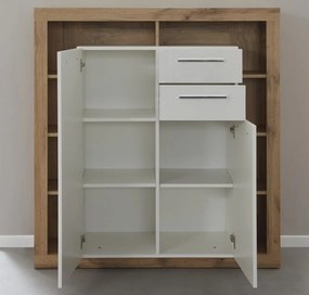 Vysoká komoda Rock, 121 cm, dub Wotan / biely lesk