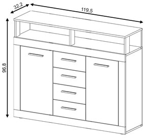 Komoda Luna 119 cm dub Matera světlý/šedá II