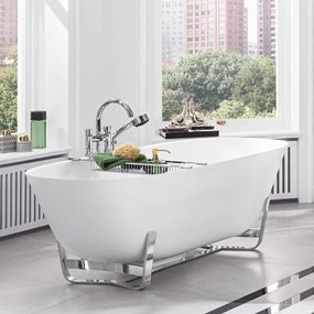 VILLEROY &amp; BOCH Antheus voľne stojaca vaňa z materiálu Quaryl, s nerezovou podnožou, odtok v strede, 1750 x 800 x 632 mm, Stone White, UBQ175ANH7F400V-RW