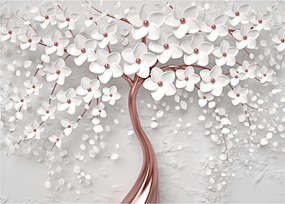 Sklenený obraz - Sklenený obraz bieleho stromu s kvetinami, rosegold (70x50 cm)