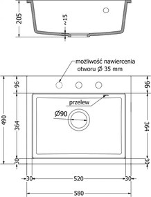 Mexen Oscar, 1-komorový granitový drez 580x490x205 mm, čierna škvrnitá, 6519581000-76-G