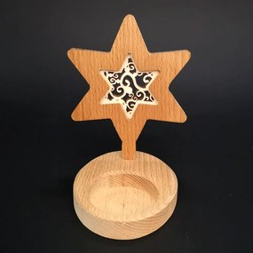 AMADEA Drevený svietnik hviezda s vkladom - ornament, masívne drevo, výška 10 cm