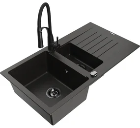 Mexen Matias, granitový drez 900x505x200 mm, 1,5-komorový a drezová batéria Aster, čierna-zlatá metalíza, 6502-75-73450-70-B