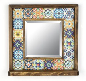 Nástenné zrkadlo s poličkou a dreveno-kamenným rámom 32.5x33 cm - Wallity