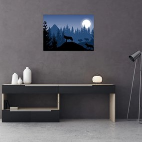 Sklenený obraz - Svorka vlkov za splnu (70x50 cm)
