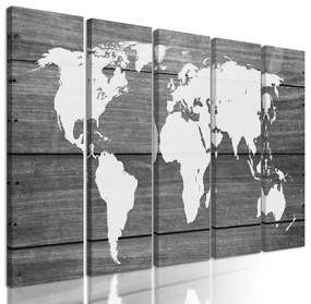 5-dielny obraz čiernobiela moderná mapa sveta na drevenom podklade